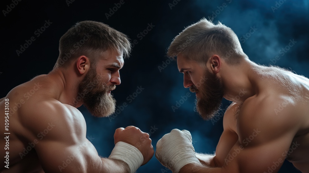 Two athletes with beards and muscular builds engage in a fierce standoff, clearly focused on each other, with dramatic lighting and smoke creating a charged environment around them