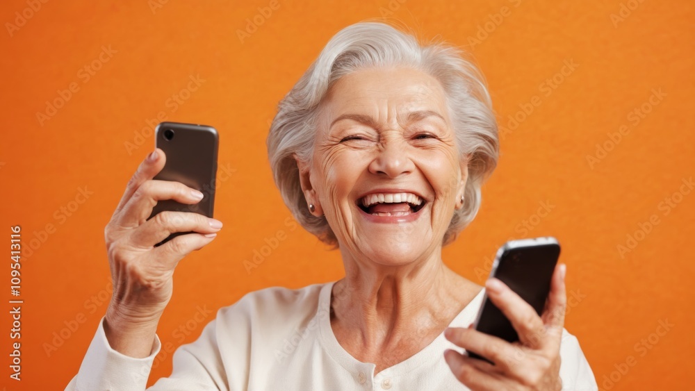 Joyful senior woman laughing while using her smartphone against a bright orange background Joyful senior woman laughing while using her smartphone against a bright orange background
