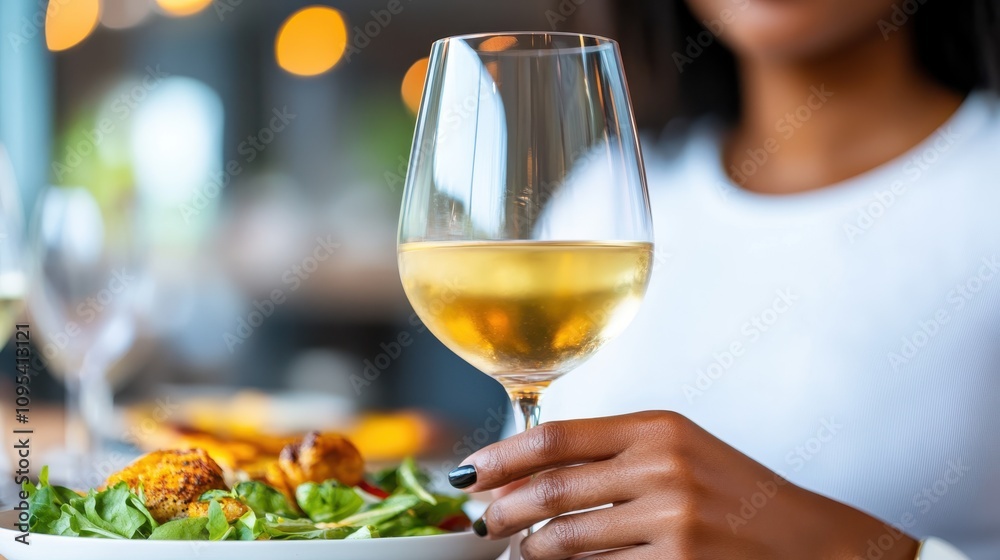 A person enjoys a glass of white wine with a fresh green salad, capturing a moment of elegance and indulgence in a restaurant setting with a blurred background.