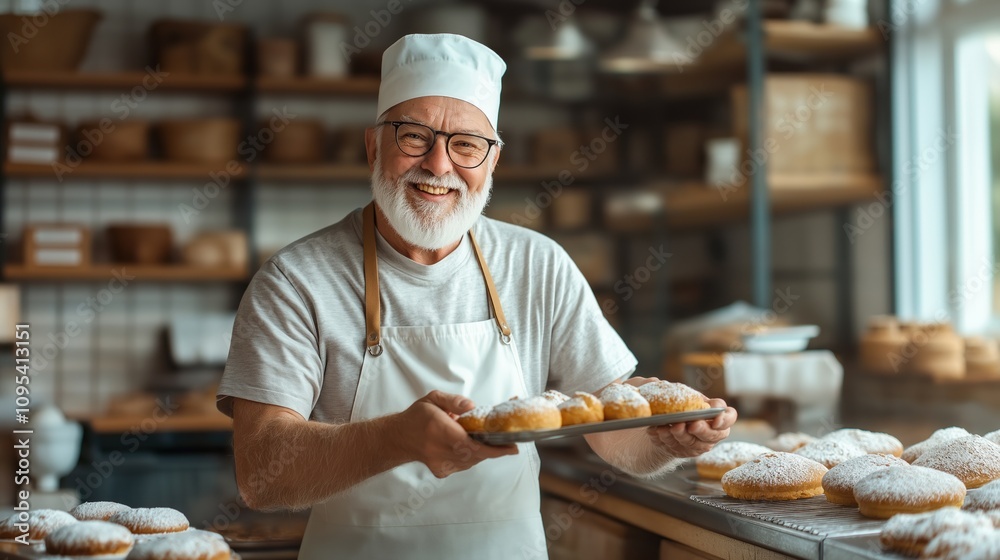 cheerful baker proudly presents a tray of freshly made pastries while surrounded by a welcoming bakery. warm atmosphere highlights the joy of baking and the art of pastry making cheerful baker proudly presents a tray of freshly made pastries while surrounded by a welcoming bakery. warm atmosphere highlights the joy of baking and the art of pastry making