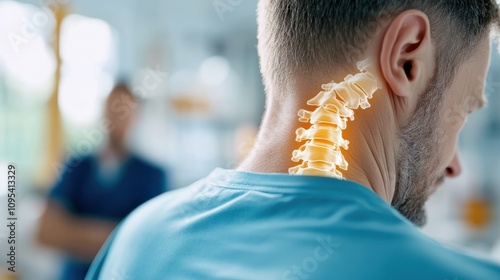 A man's cervical spine is digitally highlighted in an illustrative style, suggesting a focus on medical and anatomical insights, in a contemporary healthcare environment.