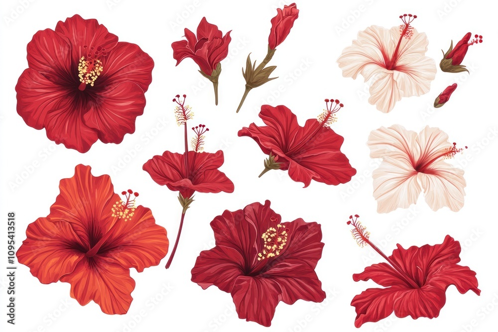 Red and Peach Hibiscus Flowers Botanical Illustration Red and Peach Hibiscus Flowers Botanical Illustration