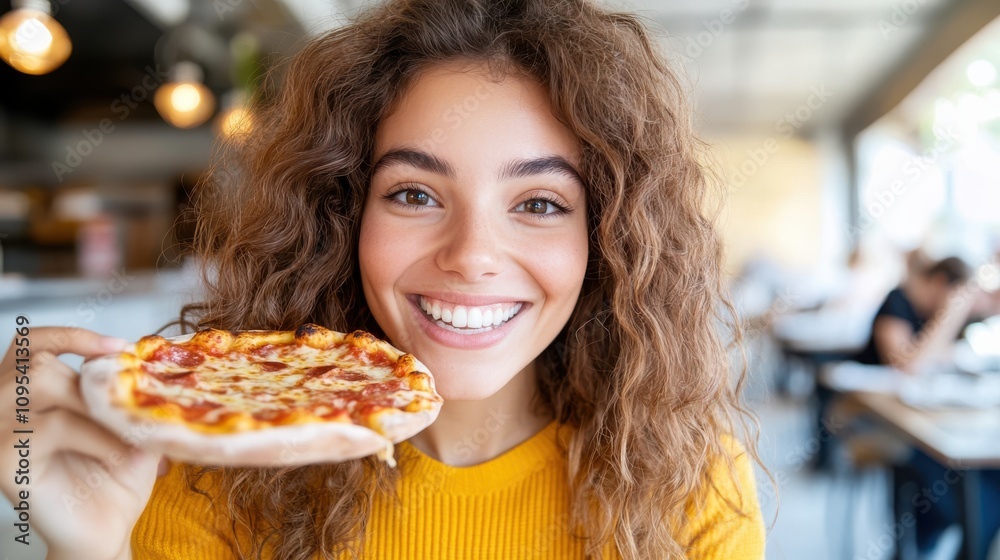 A beaming woman in a yellow sweater joyfully presents a slice of pizza, seated in a bustling restaurant filled with cheerful chatter and warm lighting. A beaming woman in a yellow sweater joyfully presents a slice of pizza, seated in a bustling restaurant filled with cheerful chatter and warm lighting.