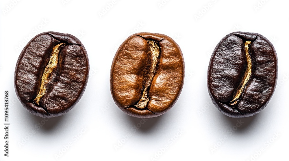 Three coffee beans, light, medium, dark roast. Three coffee beans, light, medium, dark roast.