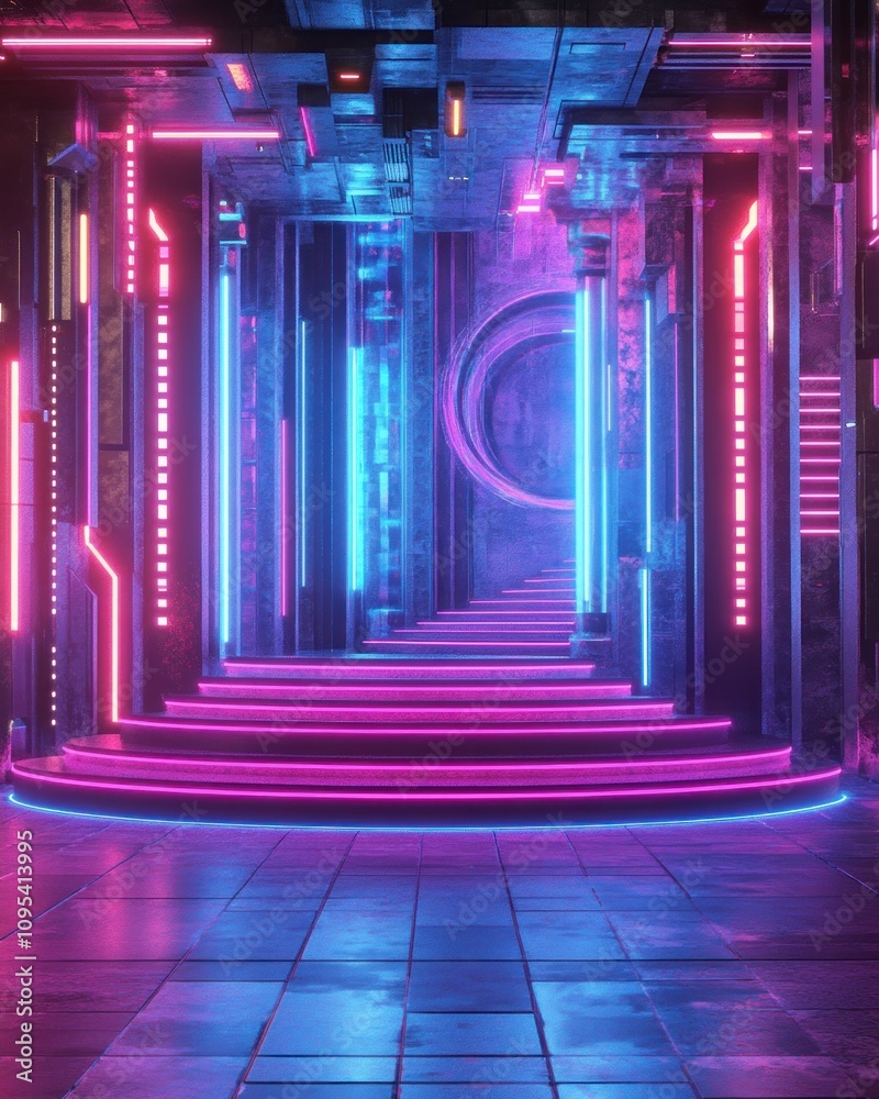 Neon Lit Cyberpunk Stairway Leading To Futuristic Portal Neon Lit Cyberpunk Stairway Leading To Futuristic Portal