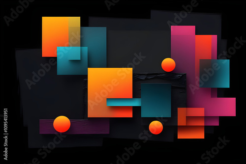 Abstract composition with bold and vibrant contrasts juxtaposed on a solid black canvas, isolated subject matter