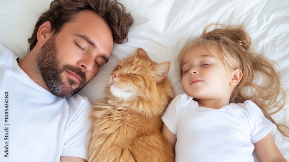 Father, daughter, and their ginger cat share a restful nap in a peaceful setting, reflecting deep affection and familial harmony amidst cozy white surroundings. Father, daughter, and their ginger cat share a restful nap in a peaceful setting, reflecting deep affection and familial harmony amidst cozy white surroundings.