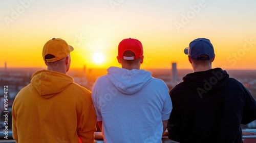 Three friends watch the sunset from a city rooftop, dressed in casual hoodies and hats. The scene captures quiet reflection as they gaze over an urban horizon. photo