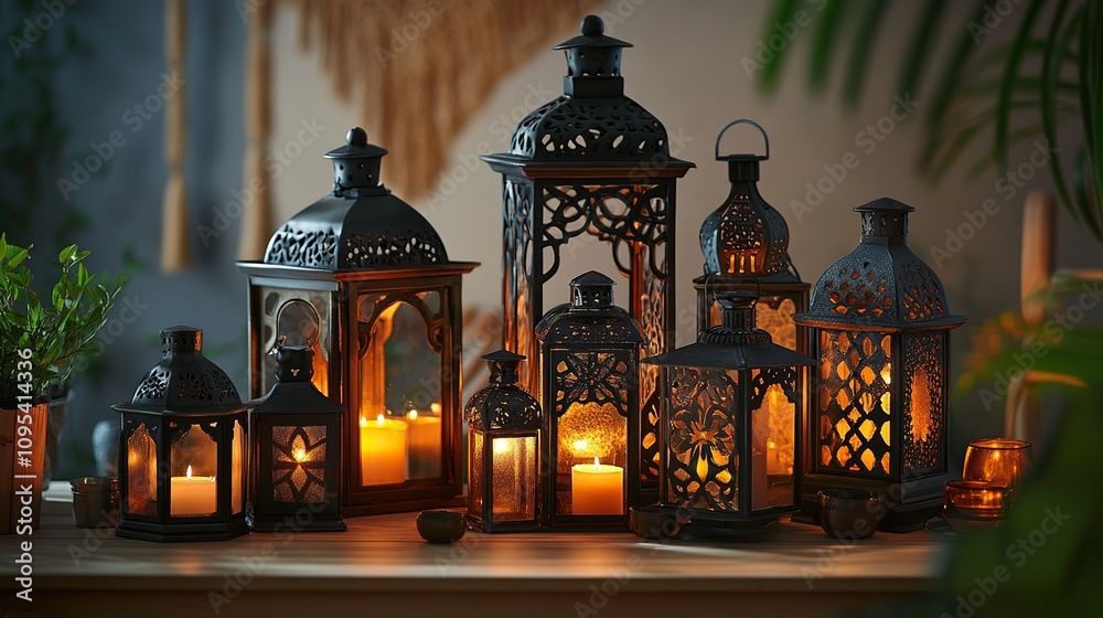 decorative lanterns with lit candles are arranged on a surface. decorative lanterns with lit candles are arranged on a surface.