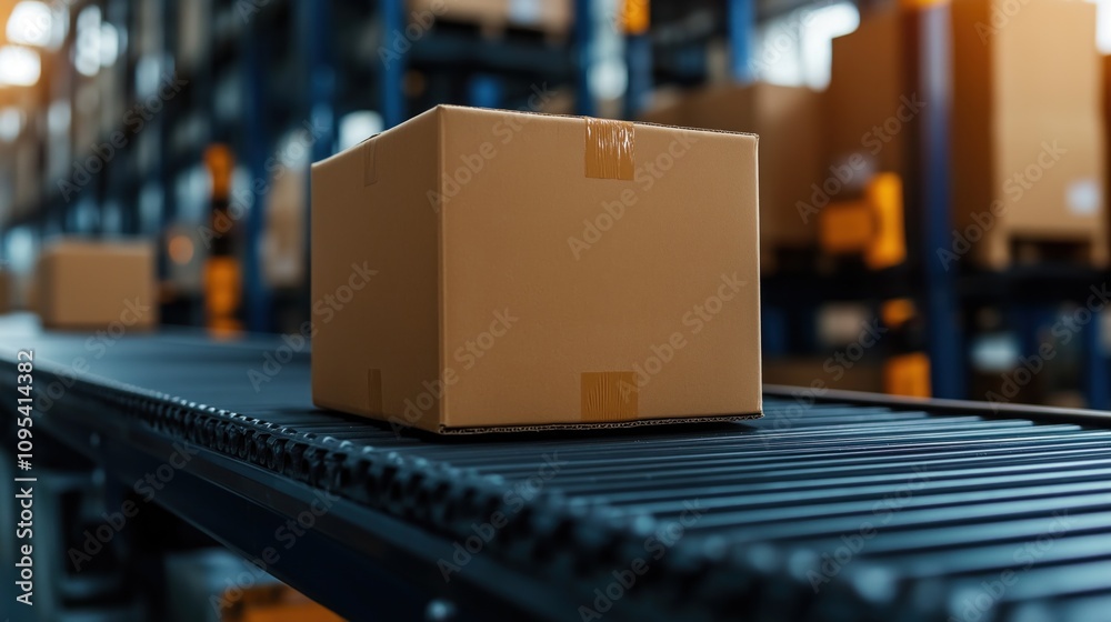 cardboard box sits on a conveyor belt inside a warehouse. It is surrounded by shelves filled with various other boxes, highlighting the organized environment for efficient sorting cardboard box sits on a conveyor belt inside a warehouse. It is surrounded by shelves filled with various other boxes, highlighting the organized environment for efficient sorting