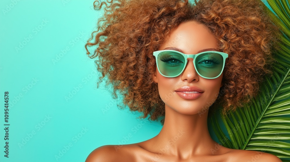 lovely woman showcases her curly hairstyle while wearing stylish mint sunglasses. bright turquoise backdrop and lush tropical leaves create a vibrant summer vibe perfect for relaxation lovely woman showcases her curly hairstyle while wearing stylish mint sunglasses. bright turquoise backdrop and lush tropical leaves create a vibrant summer vibe perfect for relaxation