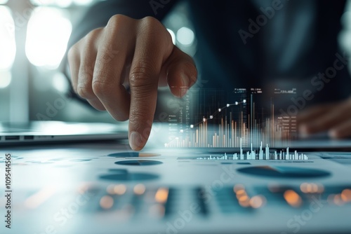 A detailed focus on a hand pointing to analytics on paper, enhanced by a digital overlay, representing precision, strategy, and data analysis in a business context. photo