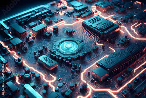 A circuit board designed incorporating elements of futuristic technology with intricate pathways of metal