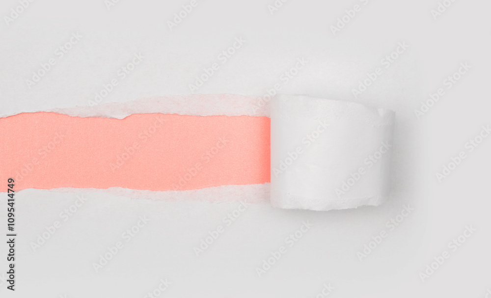 Obraz premium Torn, ripped paper pieces hole frame. White gray, beige pink copy space texture background