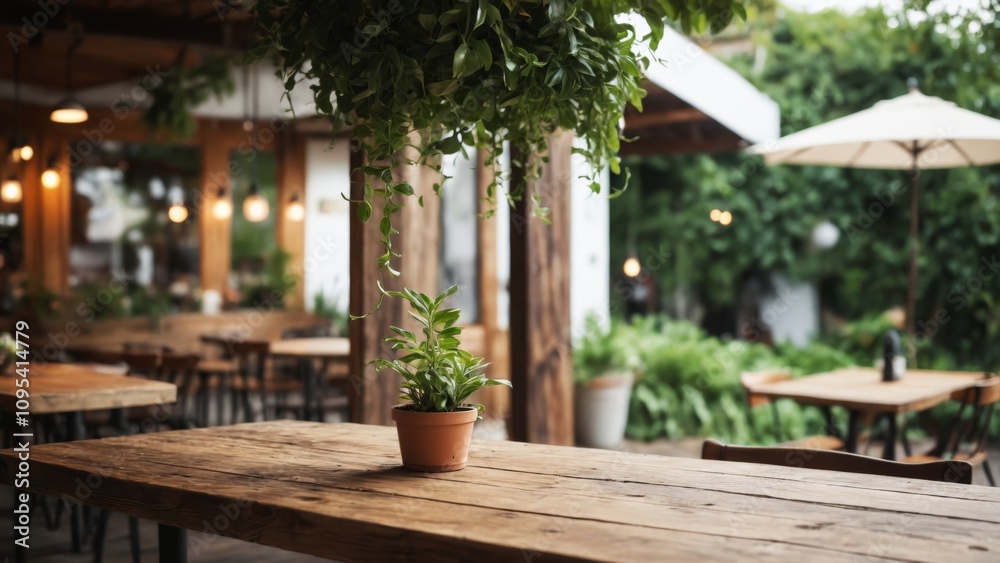 A tranquil outdoor dining setting with wooden tables under lush greenery in the evening A tranquil outdoor dining setting with wooden tables under lush greenery in the evening