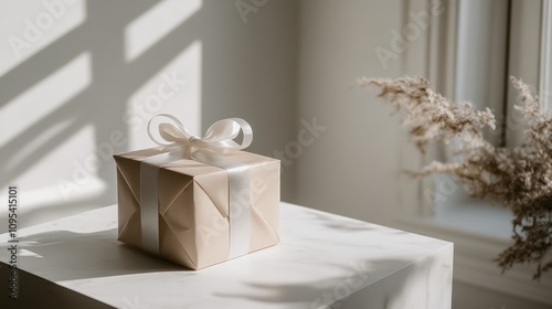 Elegantly Wrapped Gift, soft light highlights a neatly wrapped beige box with a satin ribbon, set on a marble surface, with delicate dried flowers nearby.