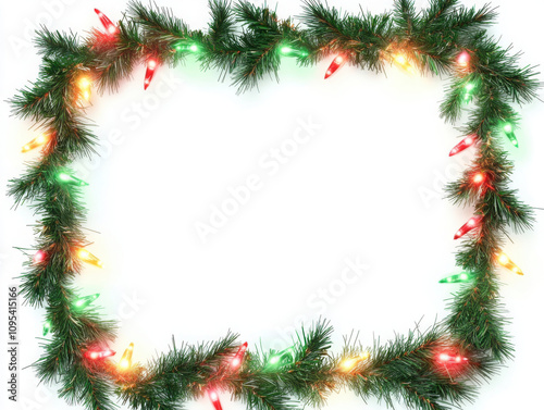 Christmas wreath with glowing Christmas lights. Christmas tree decoration. Holiday fir tree garland. Festive winter season frame, realistic spruce branches. Transparent background in vector file.