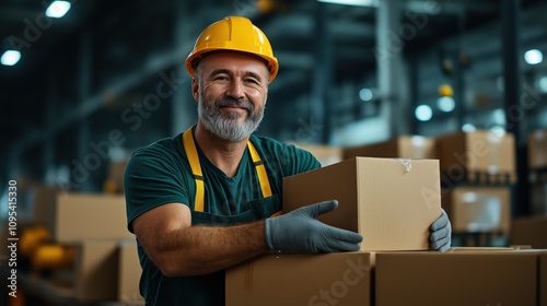 smiling warehouse worker in a hard hat and gloves lifts a cardboard box amidst stacks of boxes in a spacious storage facility during busy daytime hours