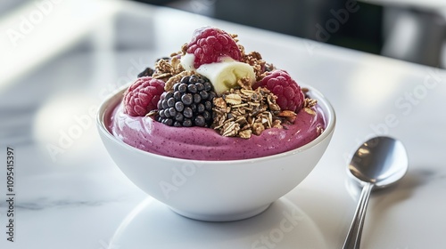 A white bowl with a pink smoothie topped with granola photo