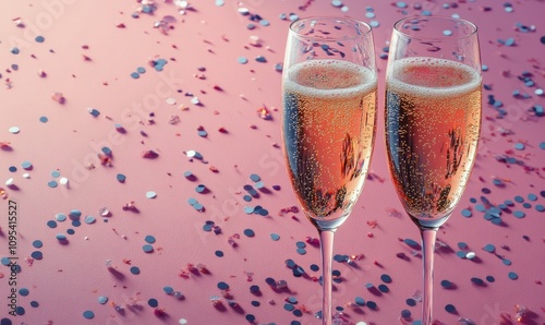Celebratory champagne flutes filled with bubbly drink against a festive pink ...