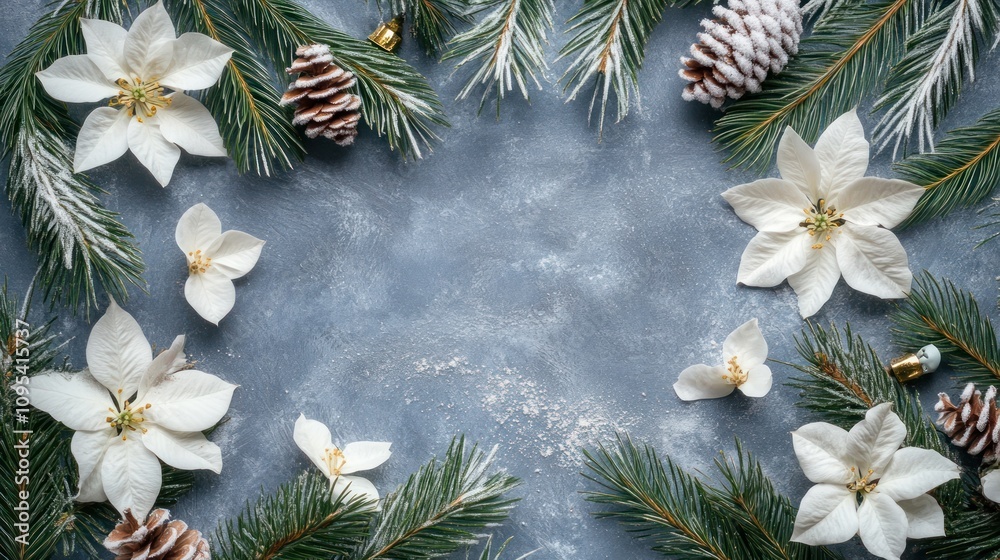 Festive Winter Frame With White Poinsettias And Pine Festive Winter Frame With White Poinsettias And Pine