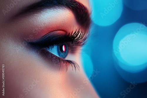 A close-up shot of a woman's eye with dramatic makeup, catching reflections of blue ambient lighting, emphasizing vision and introspection with a futuristic theme. photo