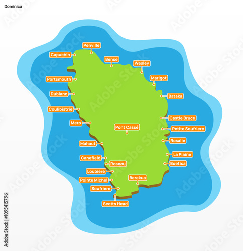 3d vector illustration of colorful touristic map of Dominica islands country shape 