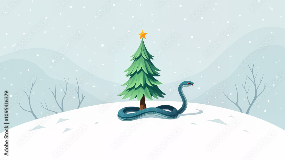 Snake a symbol of the year: Illustration of a snowy winter landscape with a Christmas tree decorated with colorful baubles and a green snake slithering on the snow, symbolizing the Year of the Snake d Snake a symbol of the year: Illustration of a snowy winter landscape with a Christmas tree decorated with colorful baubles and a green snake slithering on the snow, symbolizing the Year of the Snake d