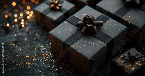 Elegant black gift boxes adorned with bows, set against a backdrop of sparkli...