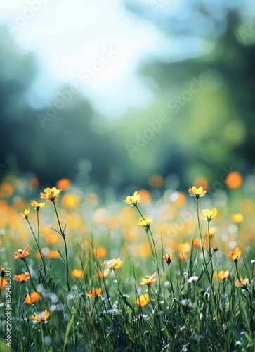Vibrant wildflower meadow in springtime sunlight with distant mountains and l...