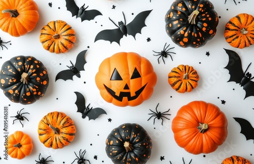 Autumn decor featuring carved pumpkins, bats, and spiders for Halloween celeb...