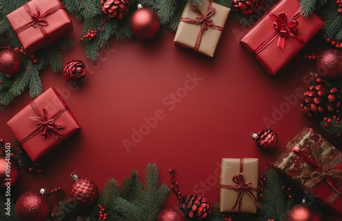 Festive Christmas gift arrangement with seasonal decorations on a rich red ba...