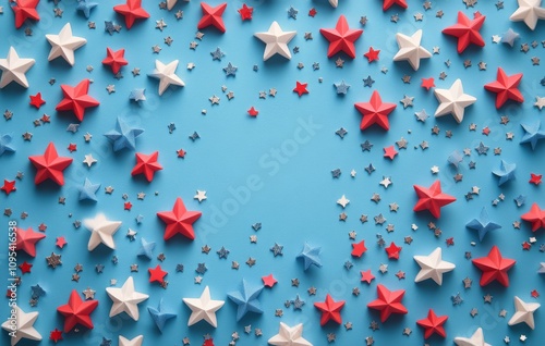 Colorful stars in red, white, and blue arranged around a blue background for ...