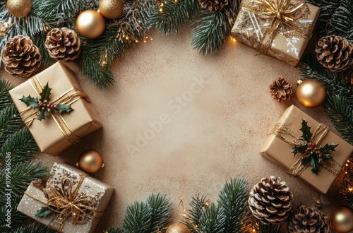Festive holiday decorations with wrapped gifts, pine cones, and ornaments on ...