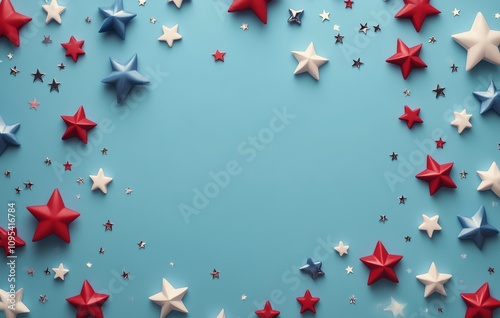 Colorful red, white, and blue star decorations arranged on a blue background ...