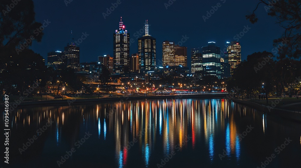 Fototapeta premium A city skyline at night reflected in a dark river.