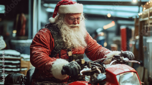 Santa Claus is riding a motorcycle in a snowy, festive setting. Concept of holiday fun and unique transportation. For Christmas-themed marketing material. photo