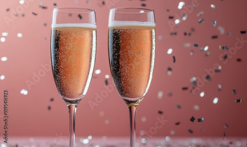 Celebratory champagne flutes filled with bubbly drink against a festive pink ...