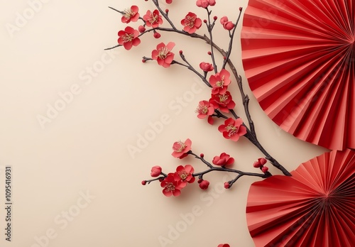 Colorful cherry blossom branch and decorative fan on a soft beige background ...