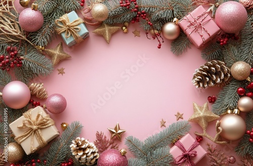 Festive holiday decorations with pink and gold ornaments surrounding colorful...