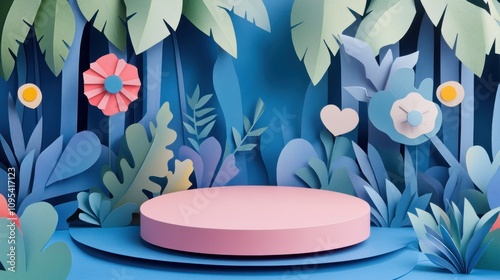 Product banner, podium platform with geometric shapes and nature background