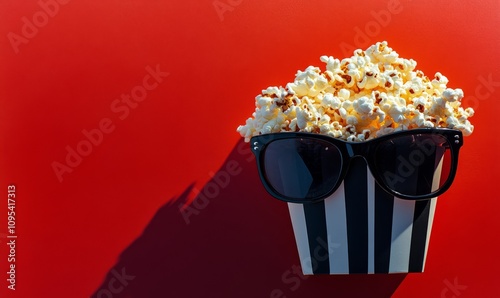 Popcorn wearing sunglasses in a playful display against a vibrant red background