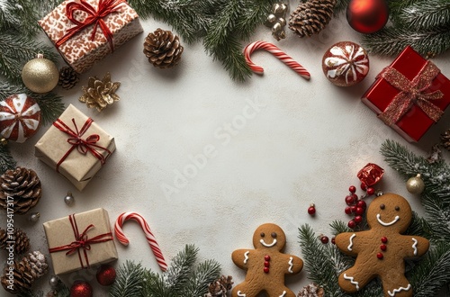 Decorative holiday setup featuring gingerbread cookies and wrapped gifts on a...