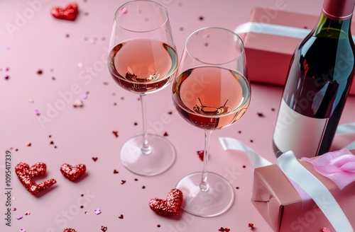Elegant rose wine setup for a romantic celebration with gifts and heart decor...