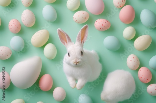 Colorful Easter eggs and cute bunnies arranged on a pastel background for spr...