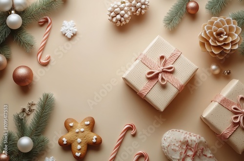Festive holiday decorations with gifts, cookies, and candy canes arranged on ...