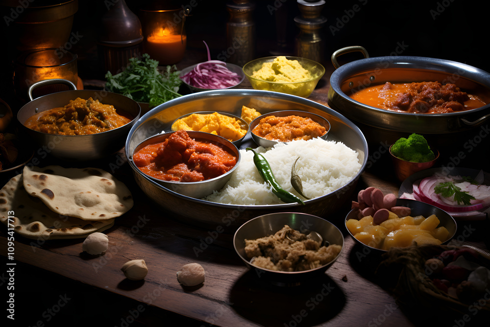 A variety of dishes with spices of Indian cuisine on the table