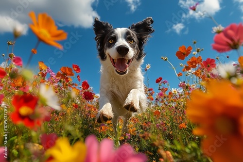 A playful dog jumps joyfully through a vibrant flower field on a sunny day