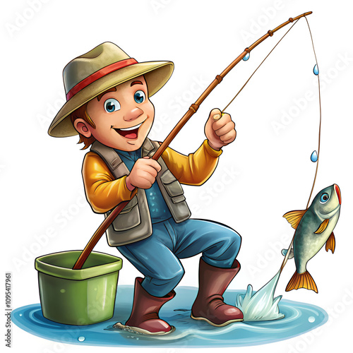 A cartoon boy is fishing with a fish in a bucket