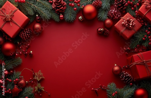 Festive red Christmas arrangement with gifts, ornaments, and pine cones for s...